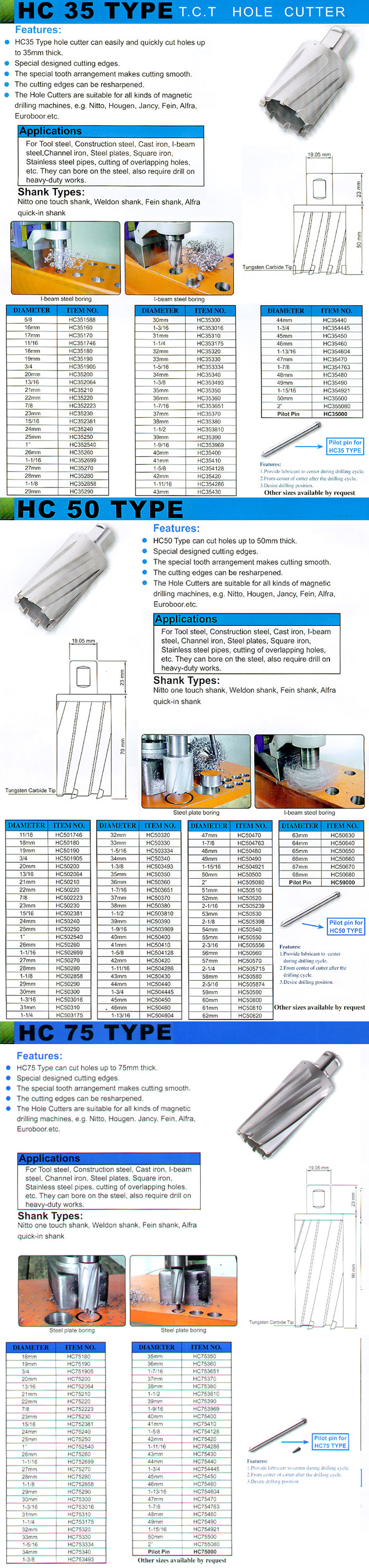 T.C.T. Hole Cutter Type HC 35. 50 . 75