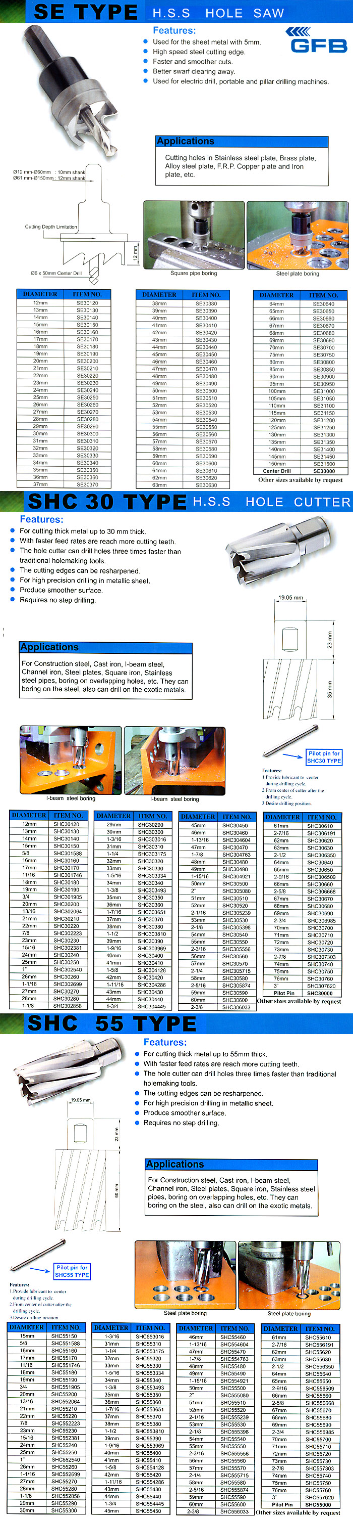 H.S.S. Hole Saw / H.S.S. Hole Cutter Type SE, SHC 30 . 55